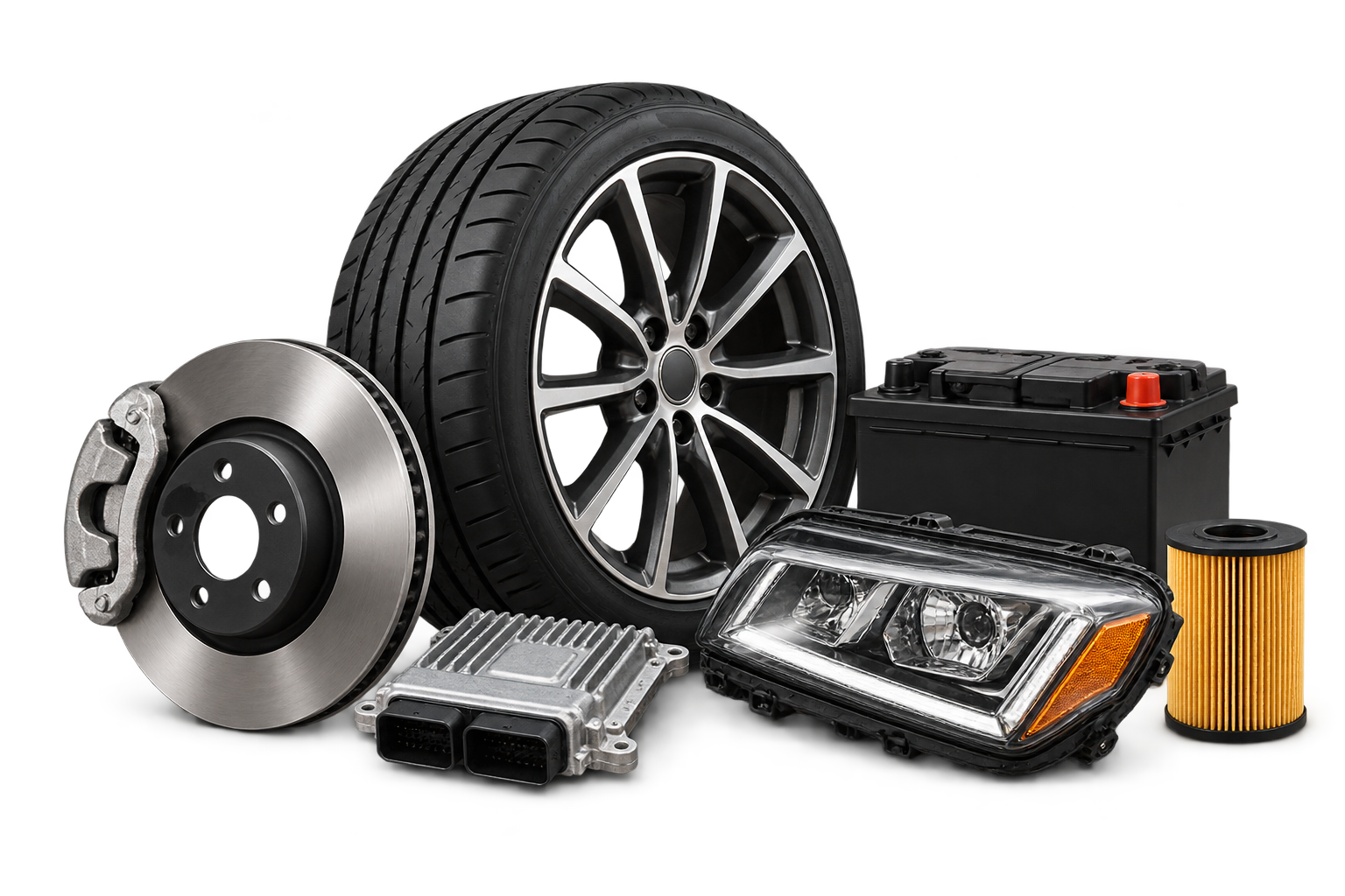 A collection of automotive parts including a wheel, battery, brake disc and headlamp